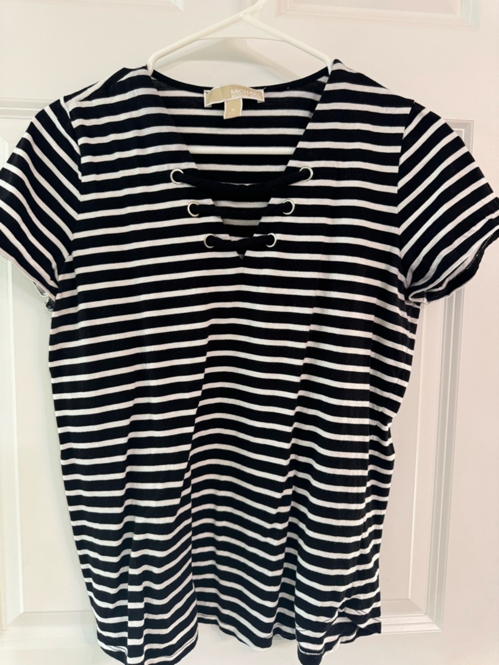 Michael Kors Black & White Striped Lace-Up Short Sleeve Top